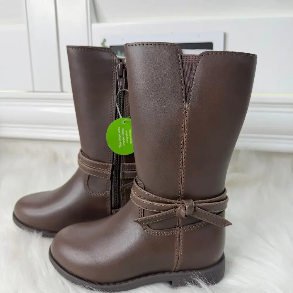 New Stride Rite Jess Brown Faux Leather Bow Tall Boots Kids 7M